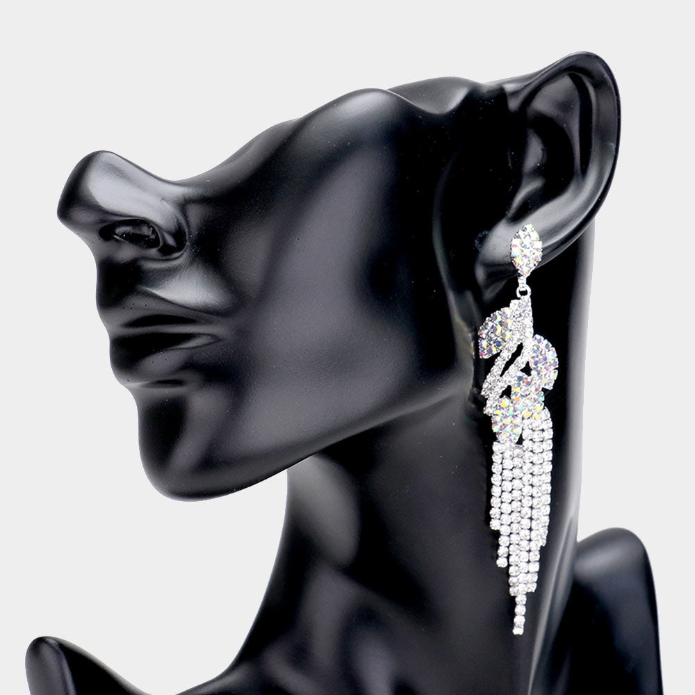 Madeline Love AB, Silver Rhinestone Crystal Leaf Drop Evening Earrings