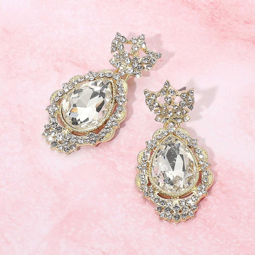 Madeline Love Clear, Gold Teardrop Accented Rhinestone Embellished Evening Dangle Earrings