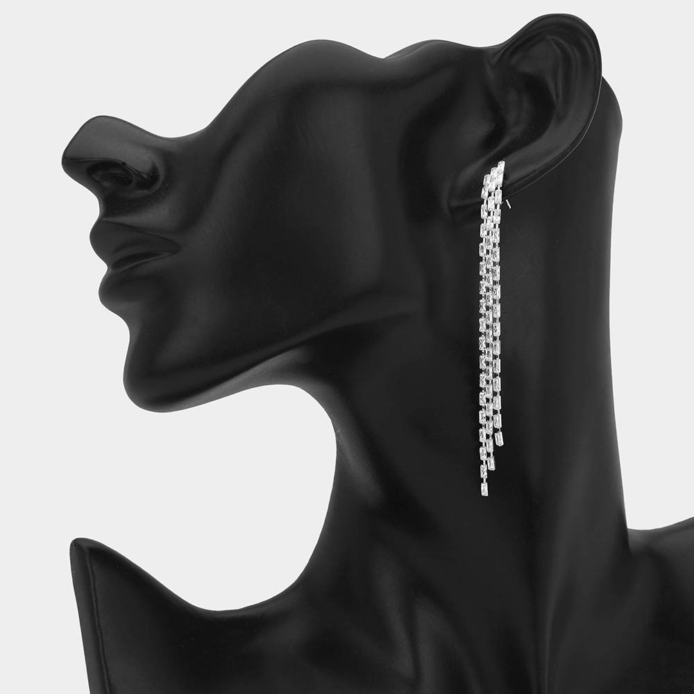 Madeline Love Clear, Silver Rhinestone Pave Linear Drop Fringe Evening Earrings