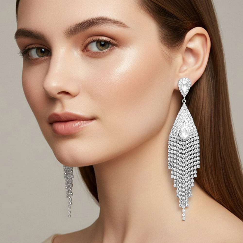 Madeline Love Clear, Silver Teardrop Stone Accent Rhinestone Tassel Drop Statement Evening Earrings