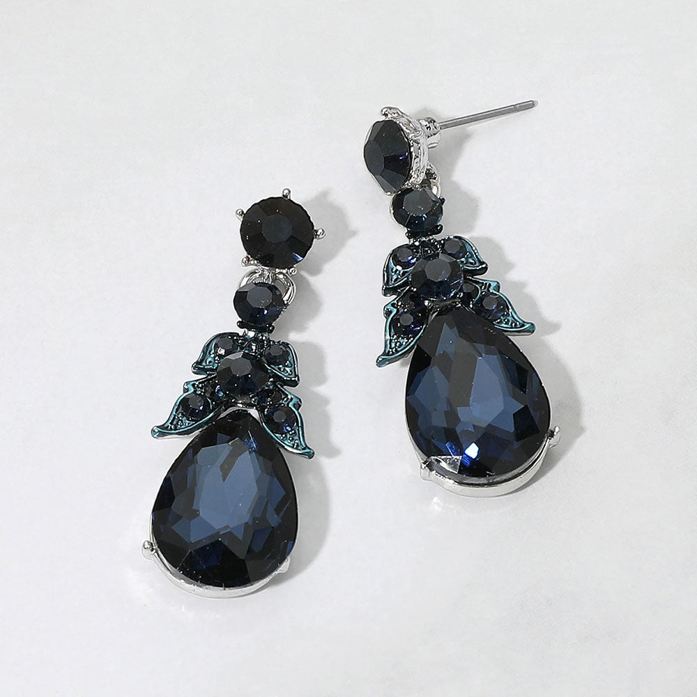 Madeline Love Montana Blue, Rhodium Teardrop Gem Cluster Drop Dangle Evening Earrings