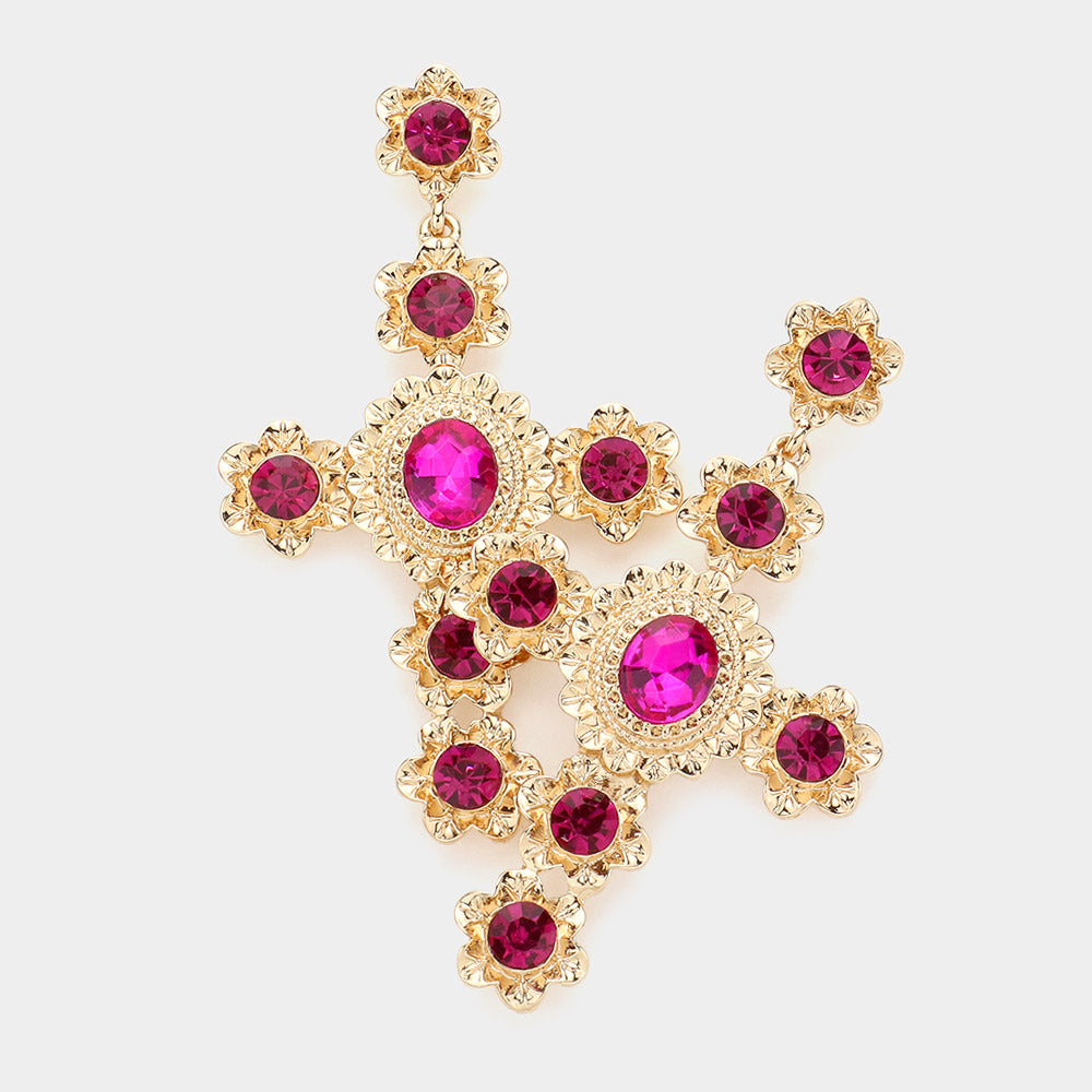 Madeline Love Fuchsia, Gold Round Oval Stone Accented Cross Dangle Evening Earrings