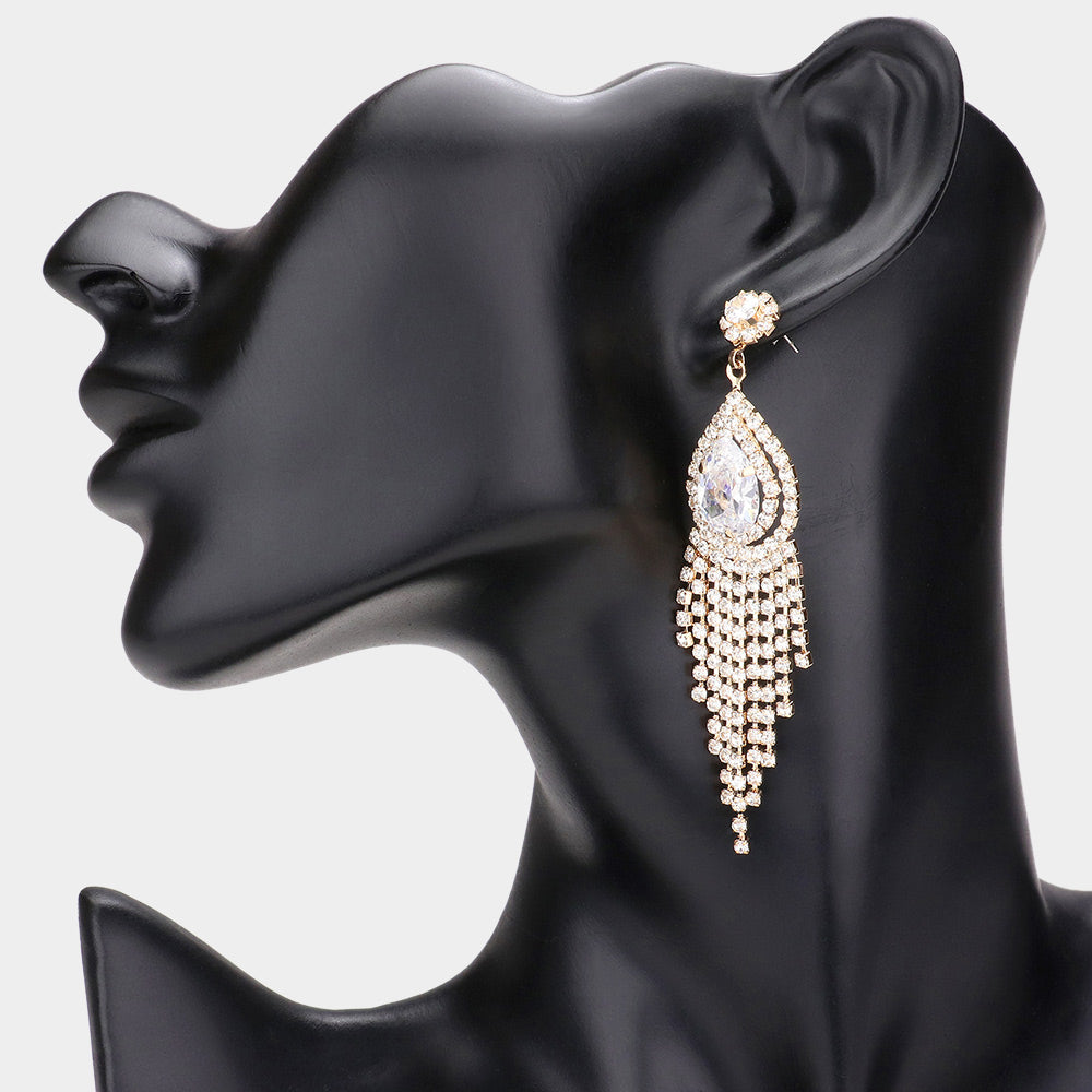 Madeline Love Gold Teardrop Accented CZ Fringe Dangle Evening Earrings