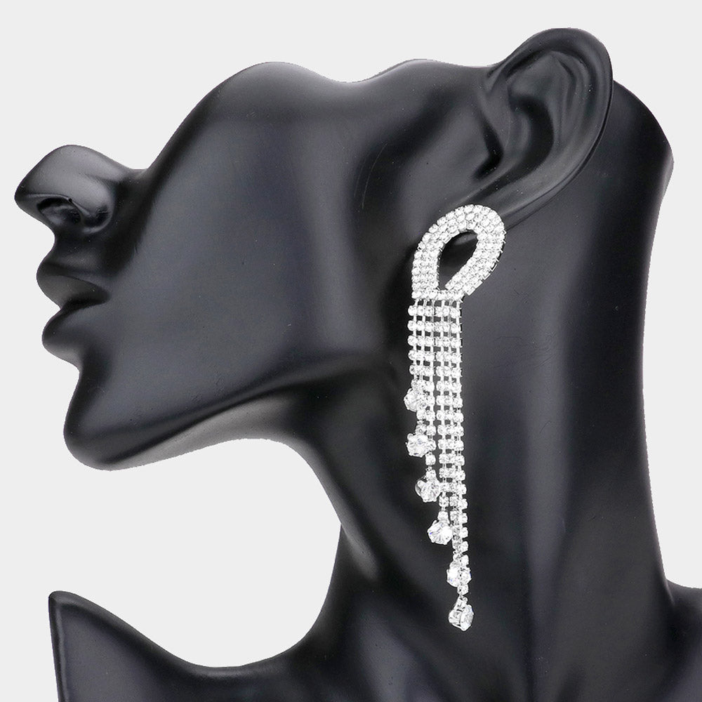 Madeline Love Silver Round Stone Pointed Rhinestone Fringe Dangle Evening Earrings
