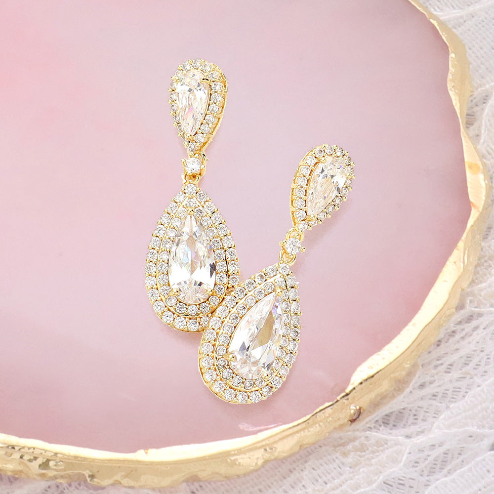 Madeline Love Gold CZ Double Teardrop Stone Link Dangle Evening Earrings