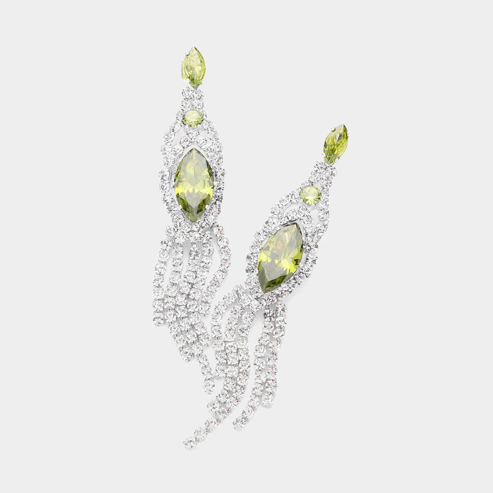 Madeline Love Peridot, Silver Marquise CZ Stone Pointed Stone Paved Fringe Evening Earrings