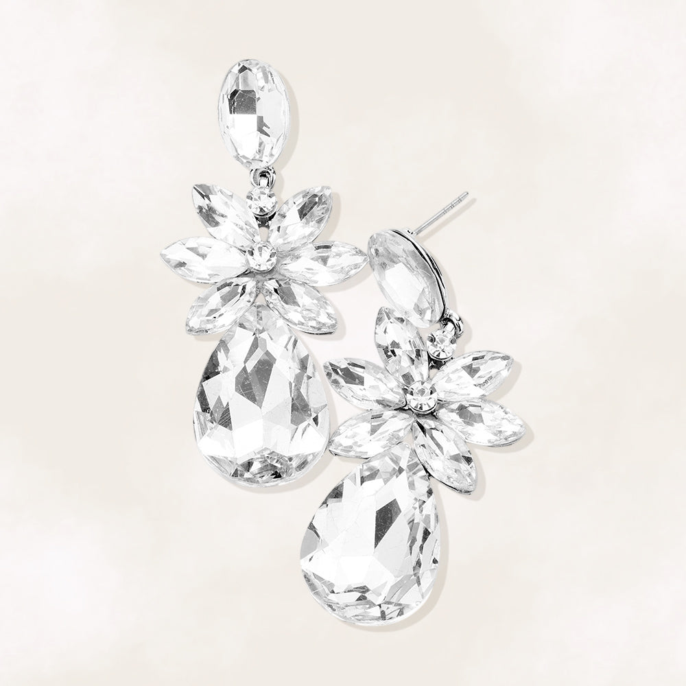 Madeline Love Clear, Rhodium Marquise Stone Flower Teardrop Dangle Evening Earrings