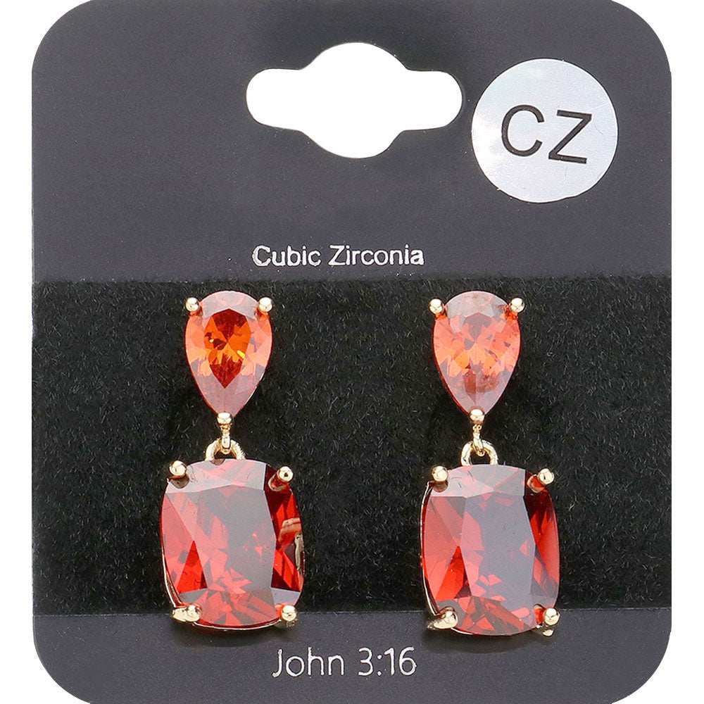 Madeline Love Gold, Siam CZ Teardrop Rectangle Stone Cluster Dangle Evening Earrings