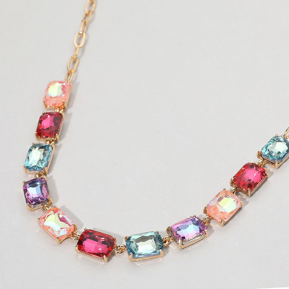 Madeline Love AB, Multi Cushion Rectangular Stone Cluster Link Evening Necklace
