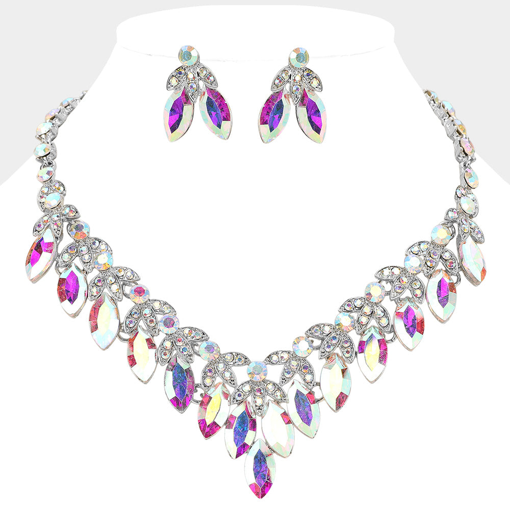AB, Silver Marquise Stone Cluster Embellished V Shaped Evening Necklace