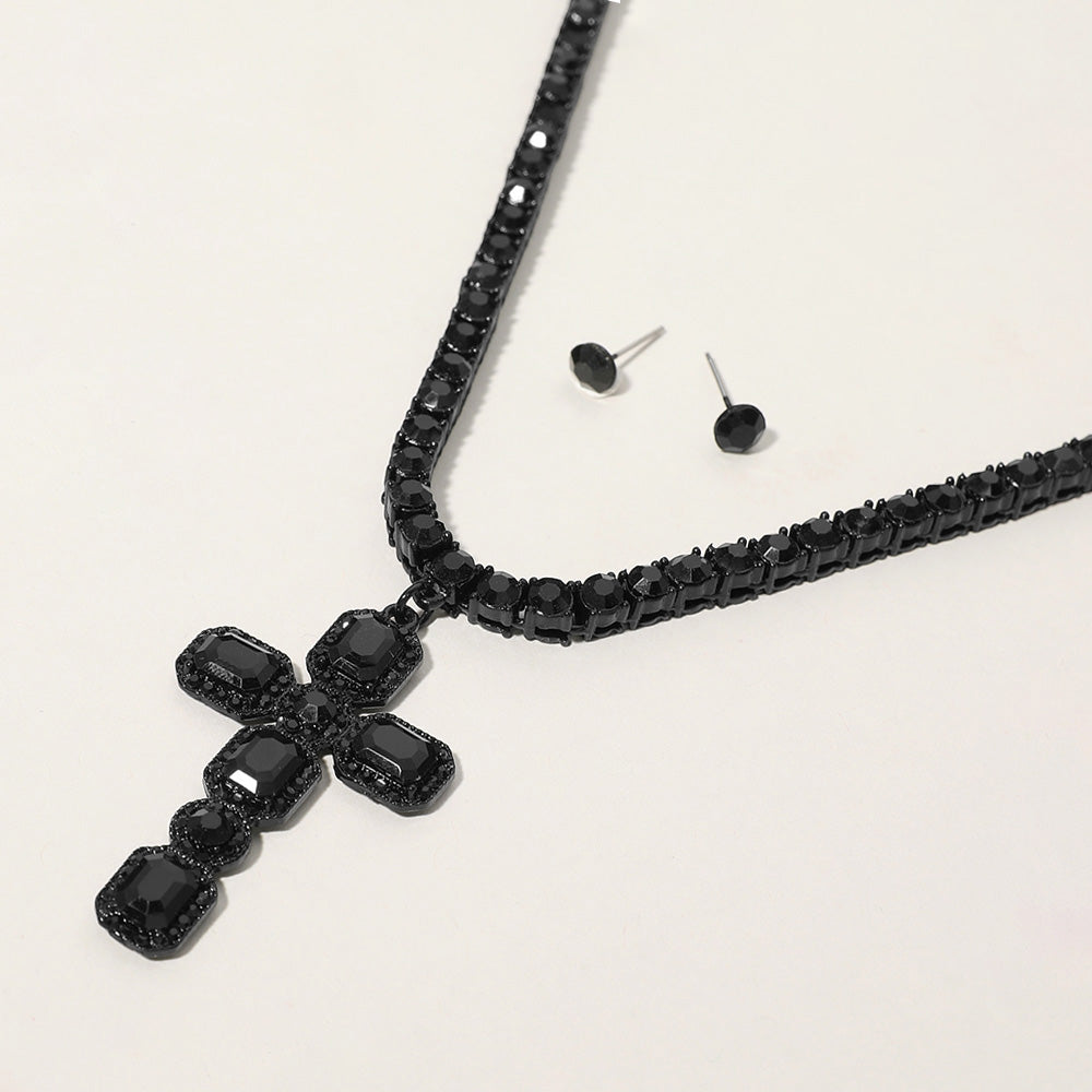 Madeline Love Black, Jet Black Stone Embellished Cross Pendant Bling Studded Chunky Chain Necklace