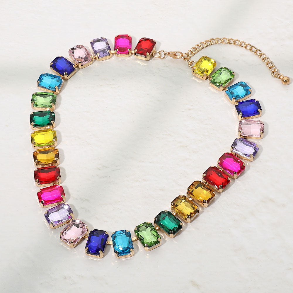 Madeline Love Gold, Multi Emerald Cut Gem Link Evening Necklace