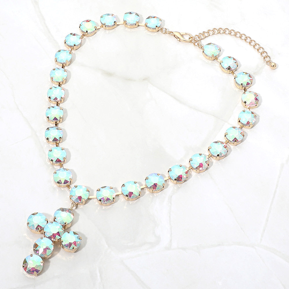 Madeline Love AB, Gold Faceted Gem Link Cross Pendant Evening Necklace