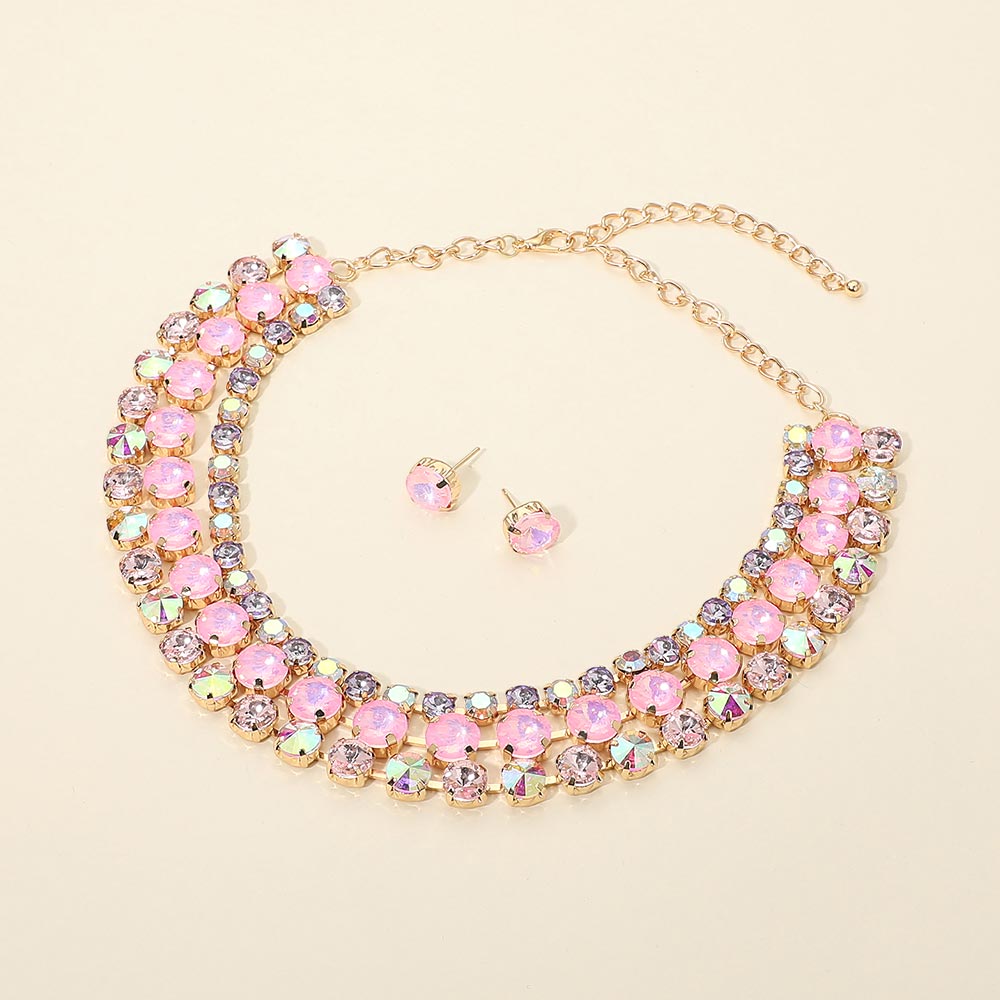 Madeline Love Gold, Pink 3-Row Round Stone Cluster Evening Statement Necklace