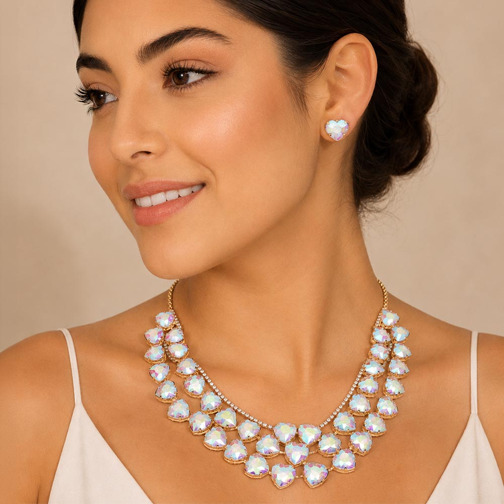 Madeline Love Clear, Gold Heart Stone Cluster Link Evening Necklace Set