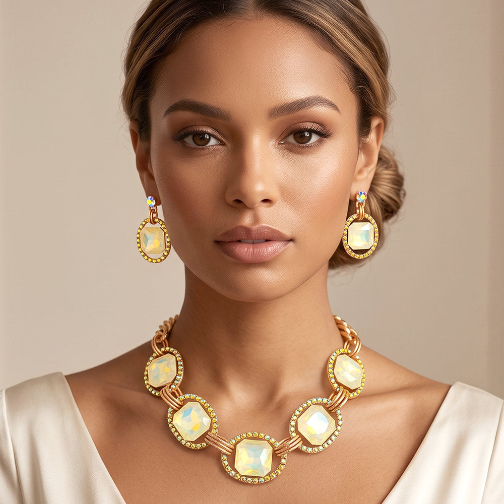 Madeline Love Gold, Opal, Yellow Pave Trim Glass Crystal Link Necklace