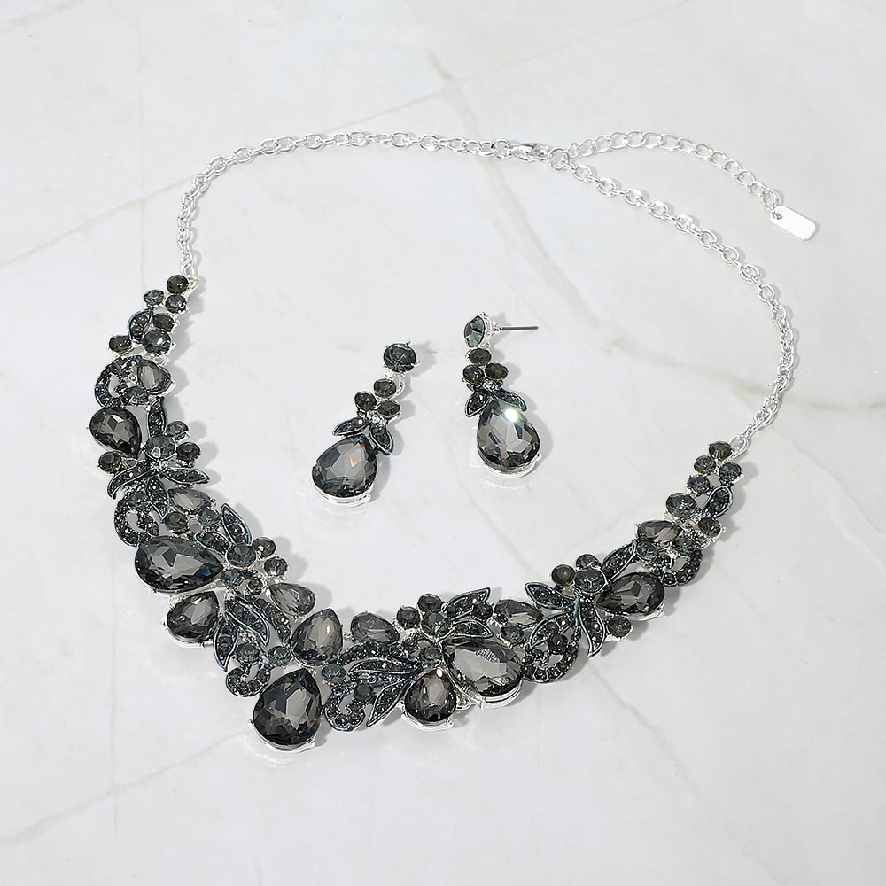 Madeline Love Black Diamond, Silver Teardrop Stone Cluster Floral Embellished Evening Necklace