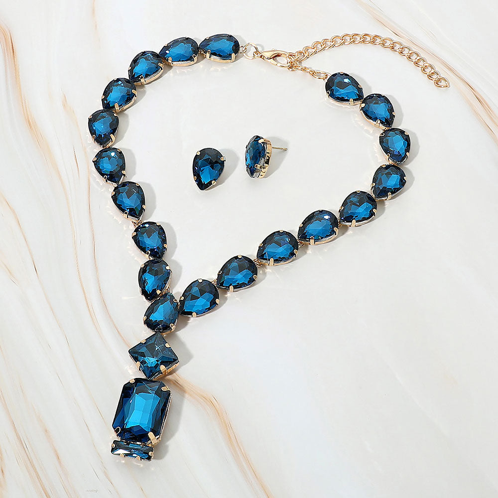 Madeline Love Blue, Dark, Gold Emerald Cut Stone Cluster Pendant Pointed Teardrop Stone Cluster Link Evening Necklace