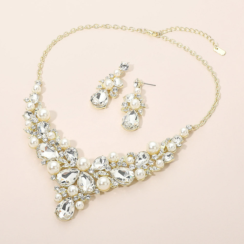 Madeline Love Cream, Gold Teardrop Stone Cluster Pearl Embellished Evening Necklace