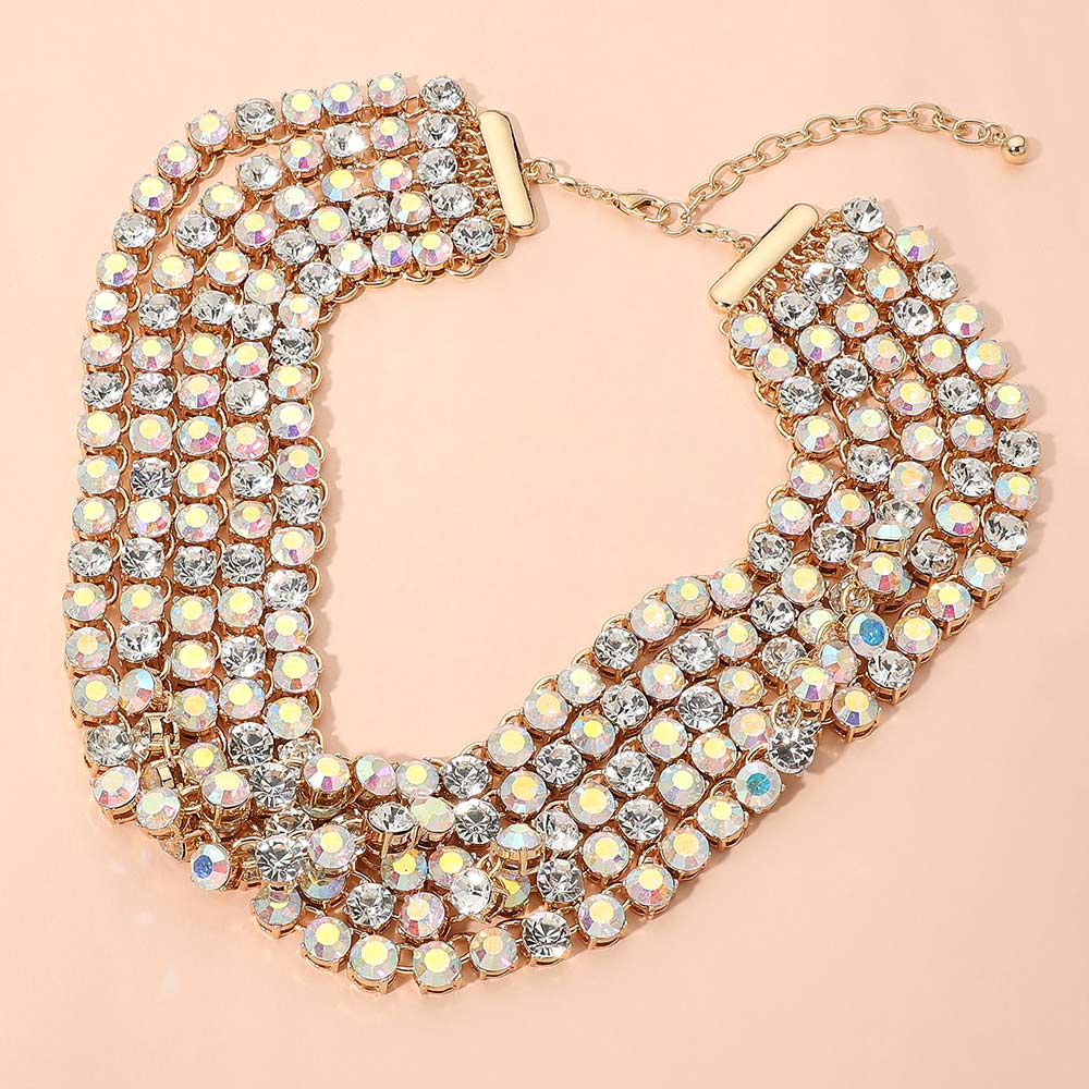 Madeline Love AB, Gold Bold Faceted Stone Cluster Link Tennis Chain Multi-Strand Statement Necklace
