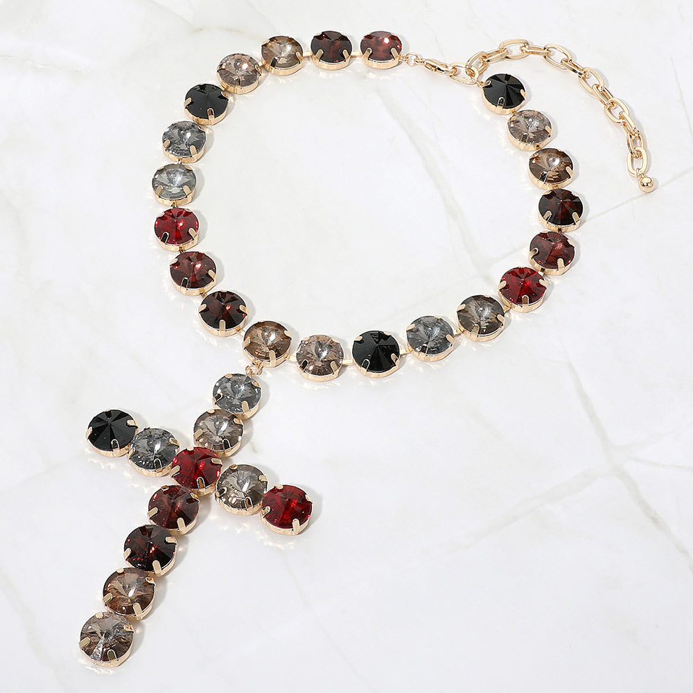 Madeline Love Multi Round Crystal Cross Pendant Statement Evening Necklace