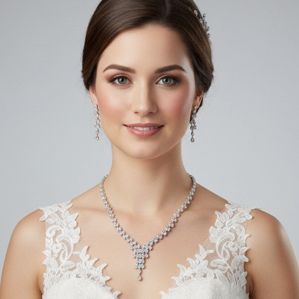 Madeline Love Clear, Silver CZ Marquise Stone Cluster Fringe Accent Necklace - Necklaces