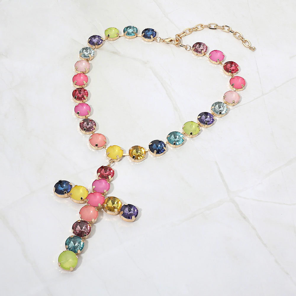 Madeline Love Multi Bold Multicolor Faceted Round Gem Cross Pendant Link Statement Necklace