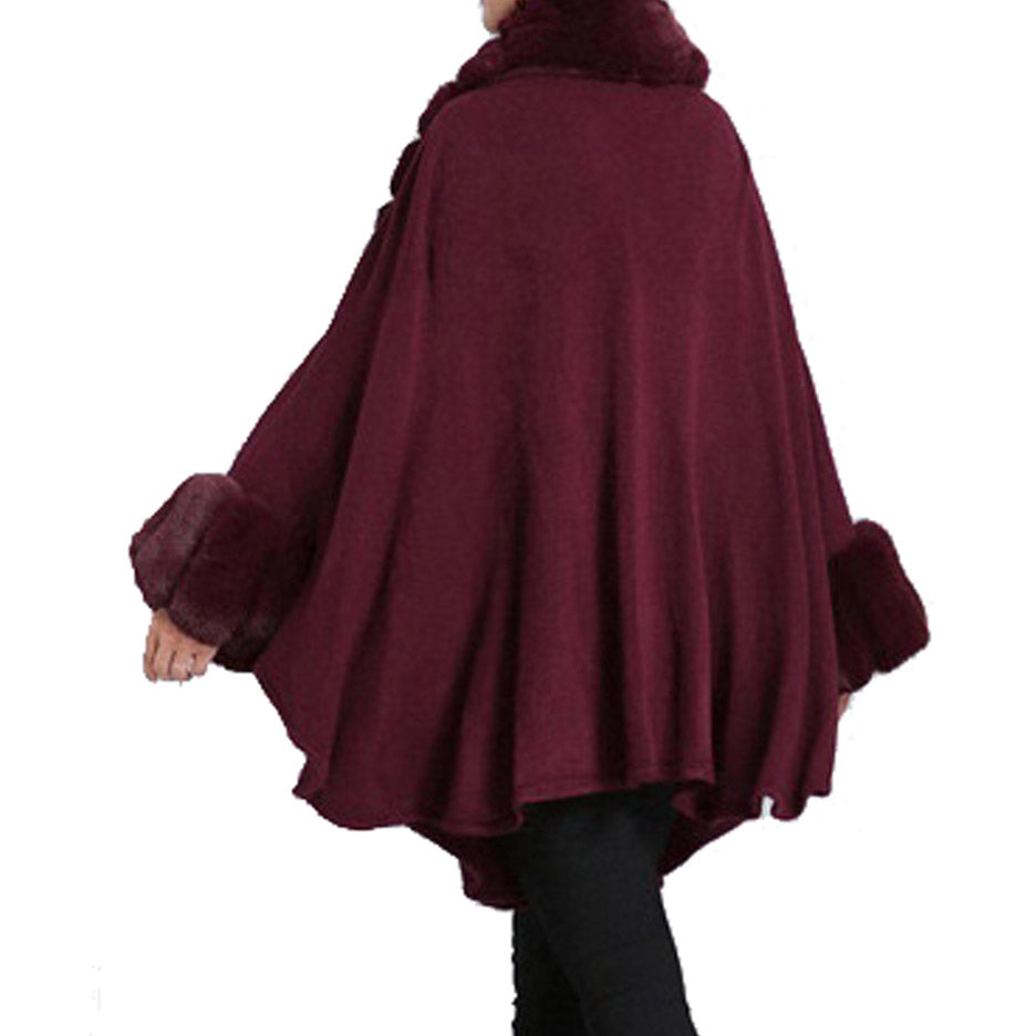 Elegant Burgundy Faux Fur Trim Collar & Cuffs Knit Poncho Burgundy Faux Fur Trim Ruana Cape the perfect accessory, luxurious, trendy, super soft chic capelet, keeps you warm & toasty. You can throw it on over so many pieces elevating any casual outfit! Perfect Gift for Wife, Mom, Birthday, Holiday, Christmas, Anniversary, Fun Night Out