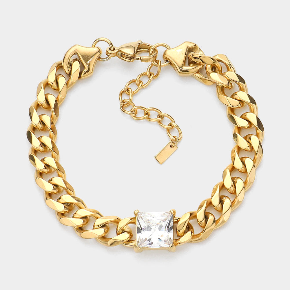Madeline Love Gold 18K Gold Dipped Stainless Steel CZ Square Stone Accented Chain Link Bracelet