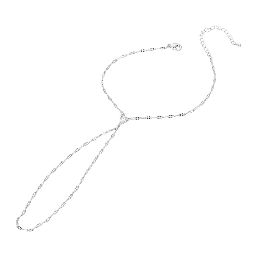 Madeline Love Clear, Rhodium Oval Stone Accent Delicate Hand Chain Bracelet - Bracelets - extra