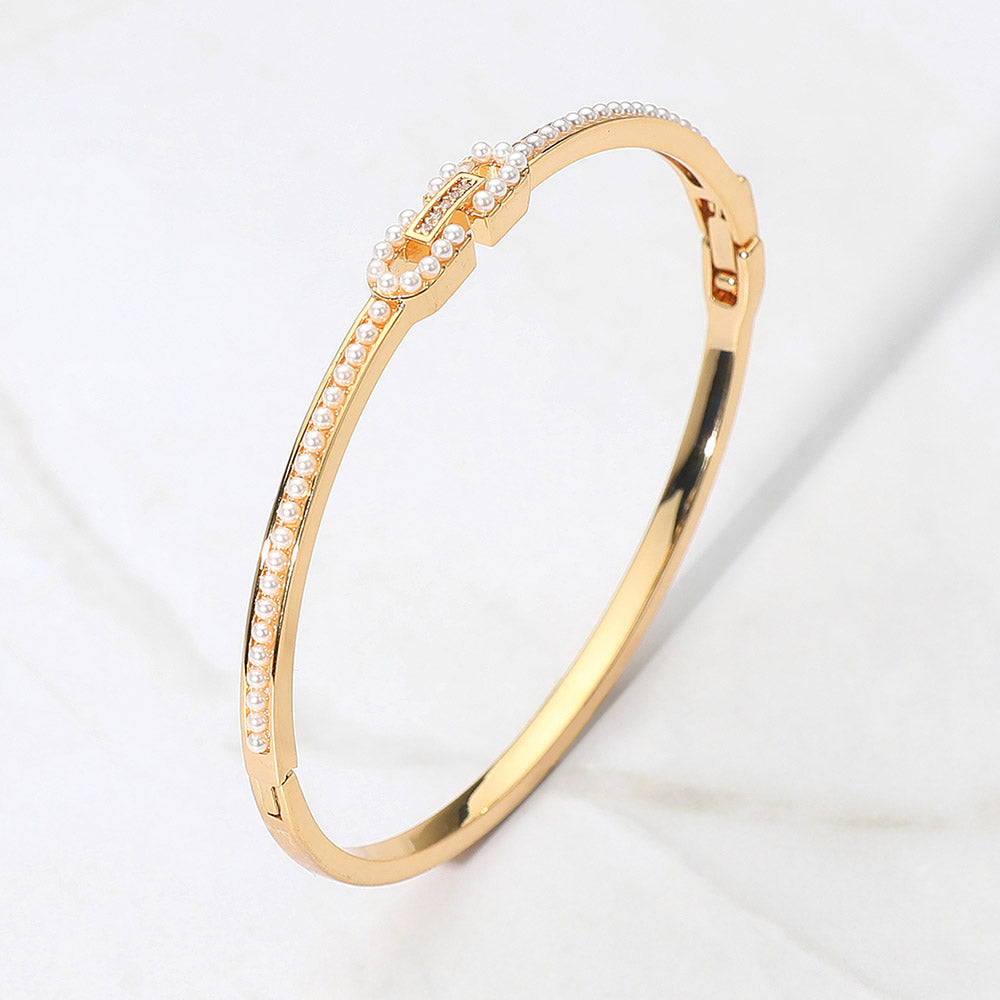 Madeline Love Cream, Gold 18K Gold Dipped Pearl Paved Buckle Accent Hinged Bangle Bracelet