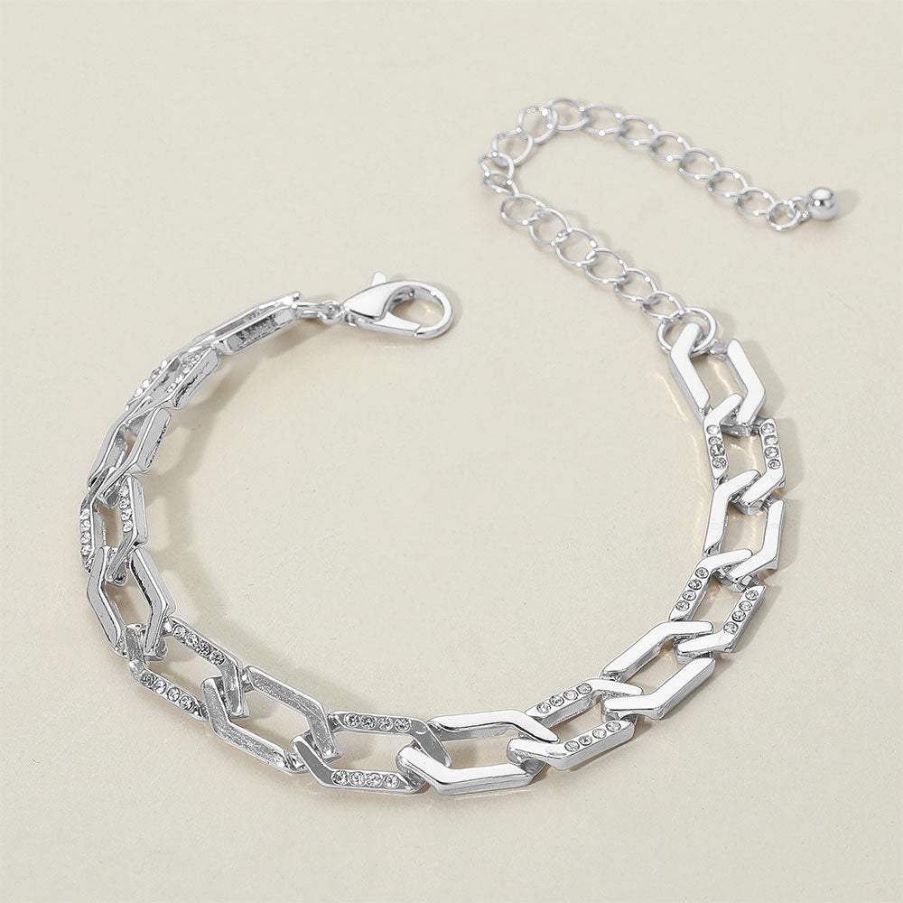 Madeline Love Clear, Rhodium Silver Dipped Stone Paved Geometric Link Chain Bracelet