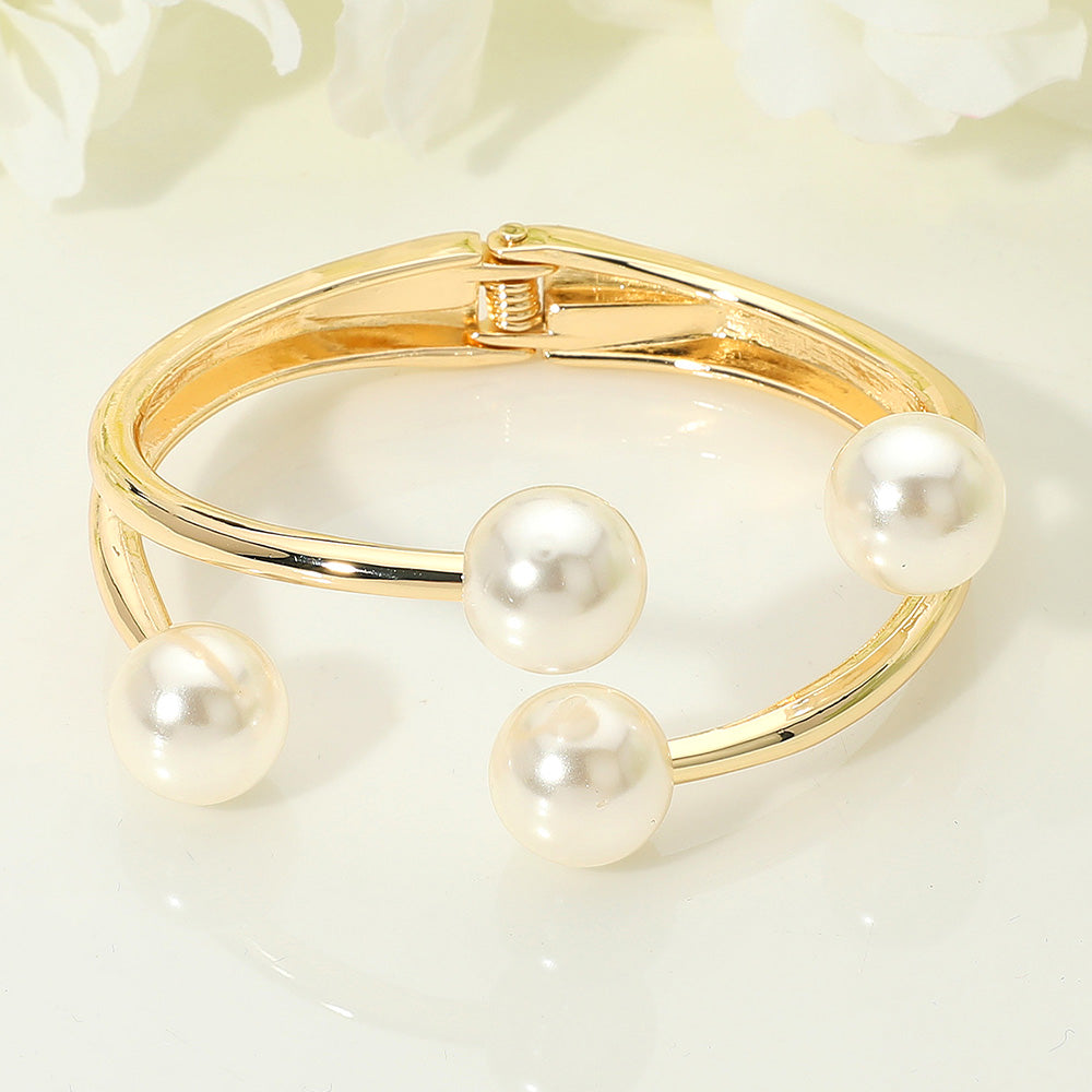 Madeline Love Cream, Gold Pearl Tip Hinged Bangle Bracelet - Bracelets