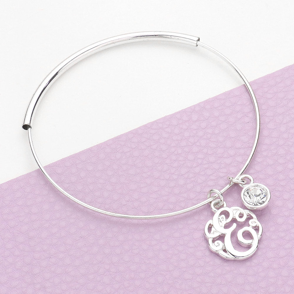 Madeline Love Silver -E- Initial Monogram Bangle Bracelet - Bracelets