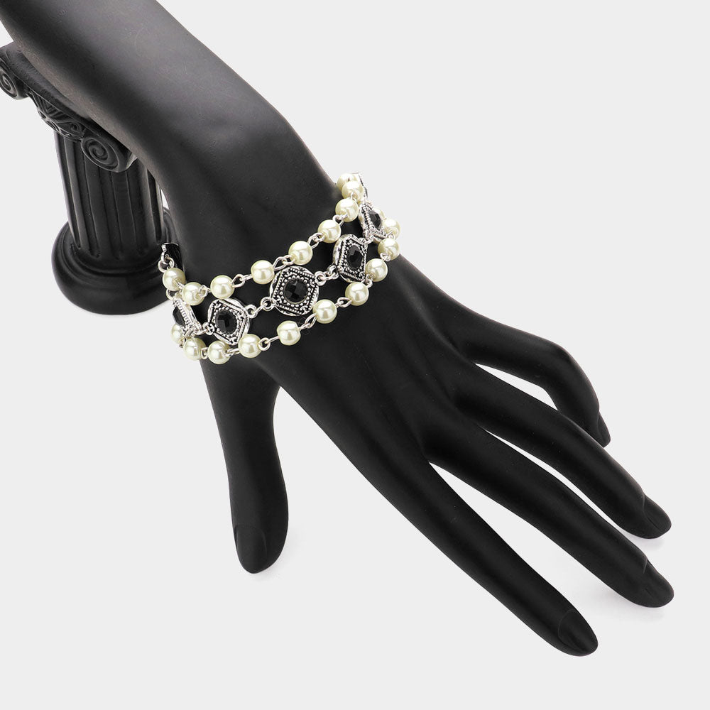 Madeline Love Antique Silver, Jet Black Deco Pearl Toggle Bracelet - Bracelets