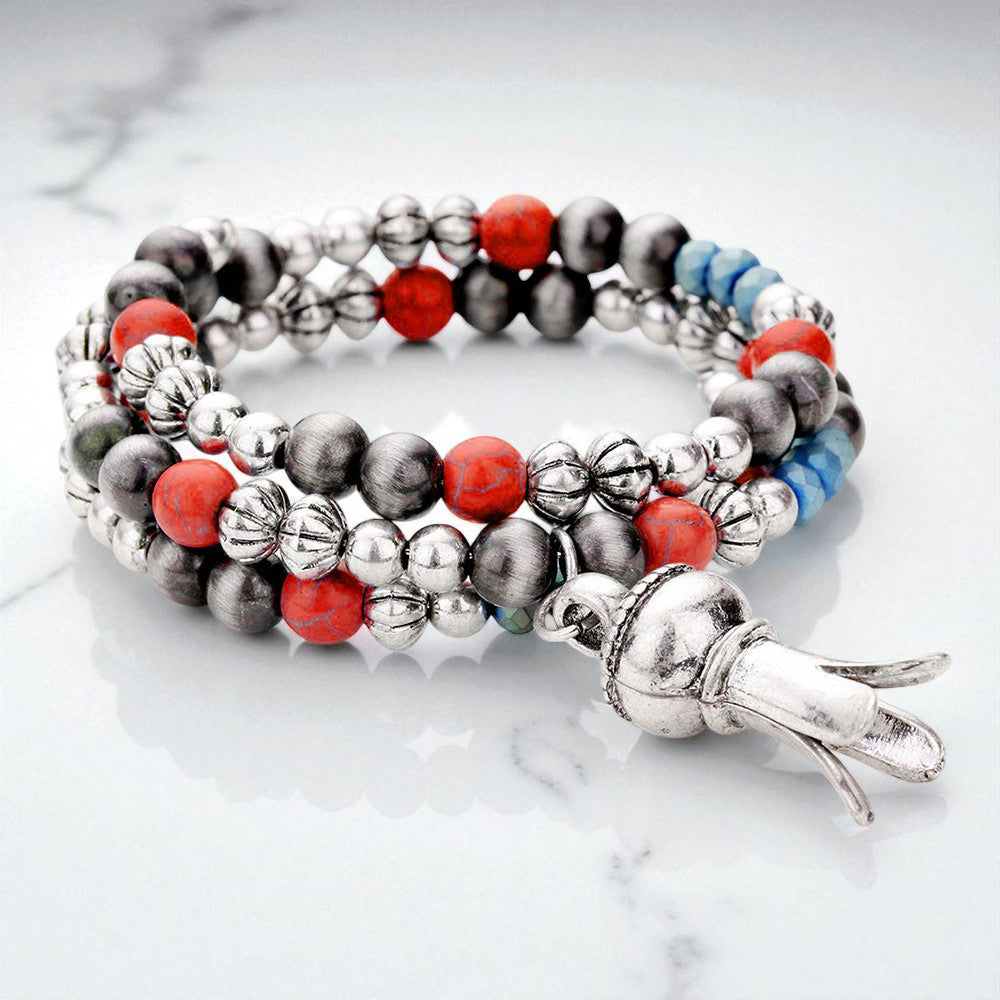 Madeline Love Red Antique Metal Squash Blossom Charm Adjustable Bracelet - Bracelets