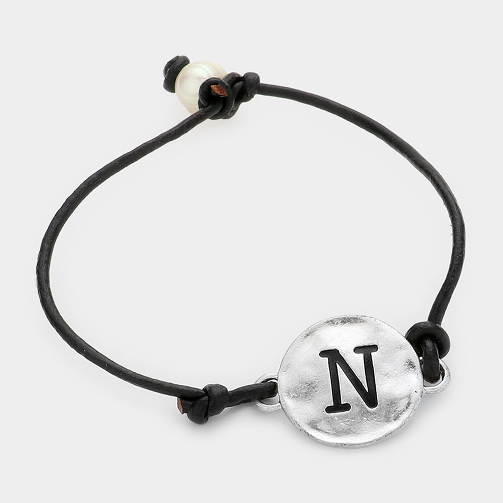 Madeline Love ~N~, Black, Silver -N- Initial Monogram Metal Disc Pearl Pointed Bracelet - Bracelets