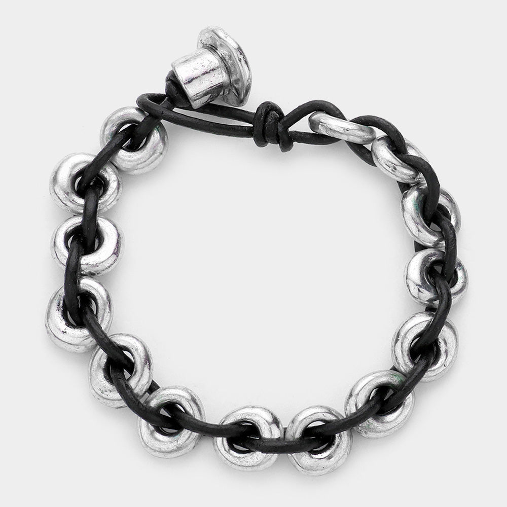Madeline Love Silver Burnished Metal hoops & leather bracelet - Bracelets