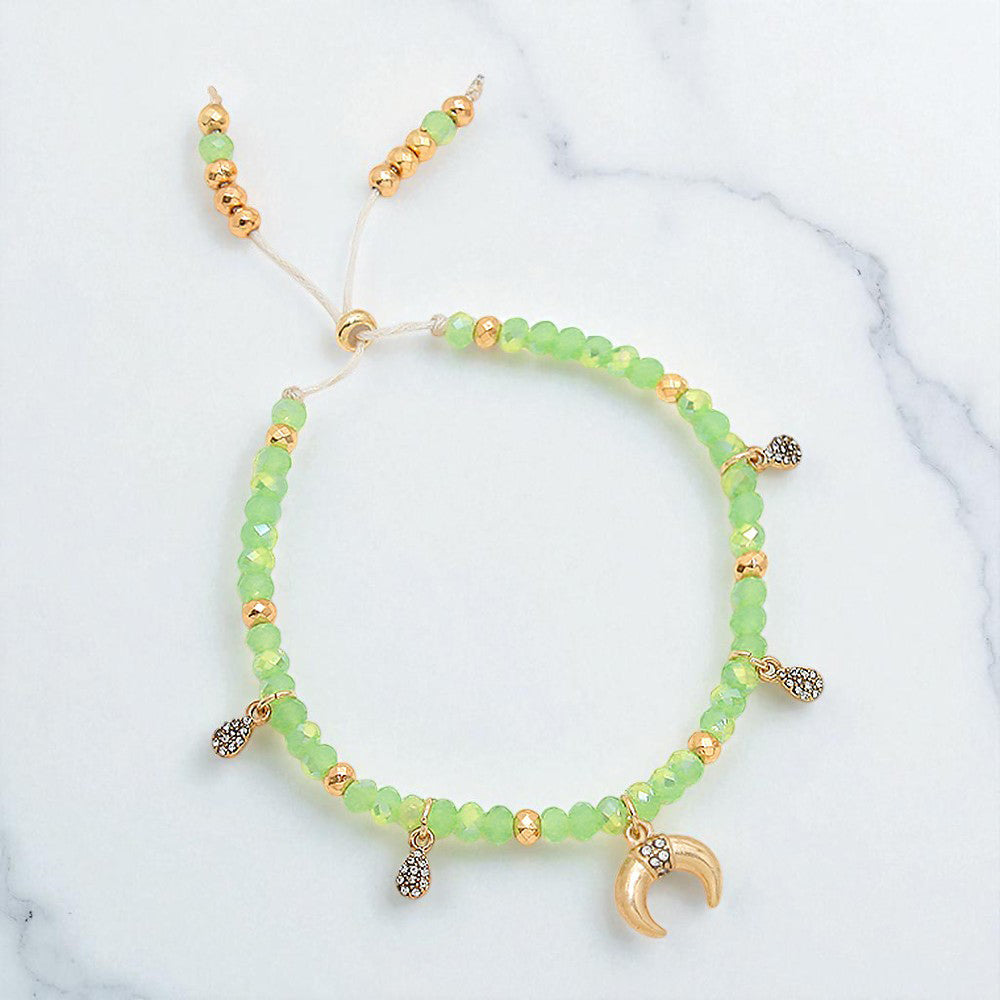 Madeline Love Antique Gold, Mint Double Horn Charm Beaded Adjustable Cinch Pull Tie Bracelet - Bracelets