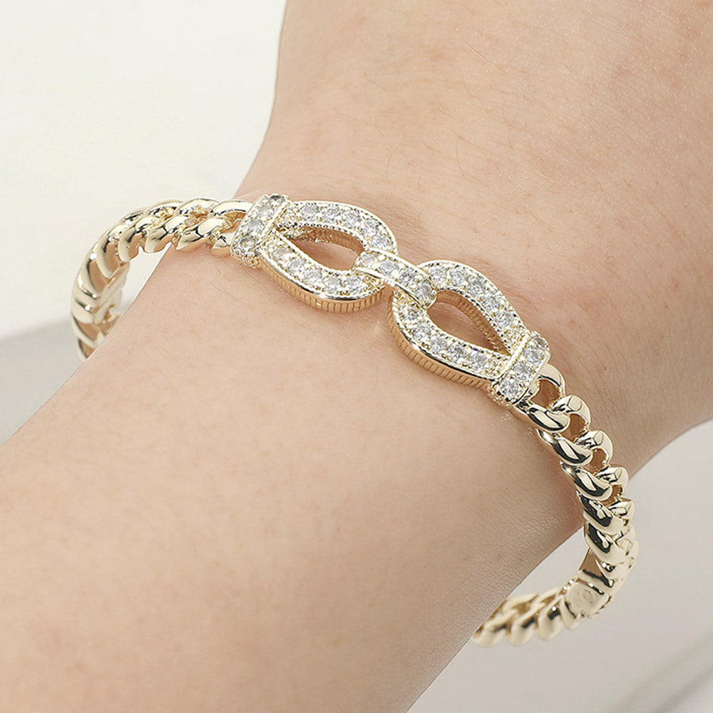 Madeline Love Gold 14K Gold Plated CZ Pave Link Accent Hinged Bangle Bracelet