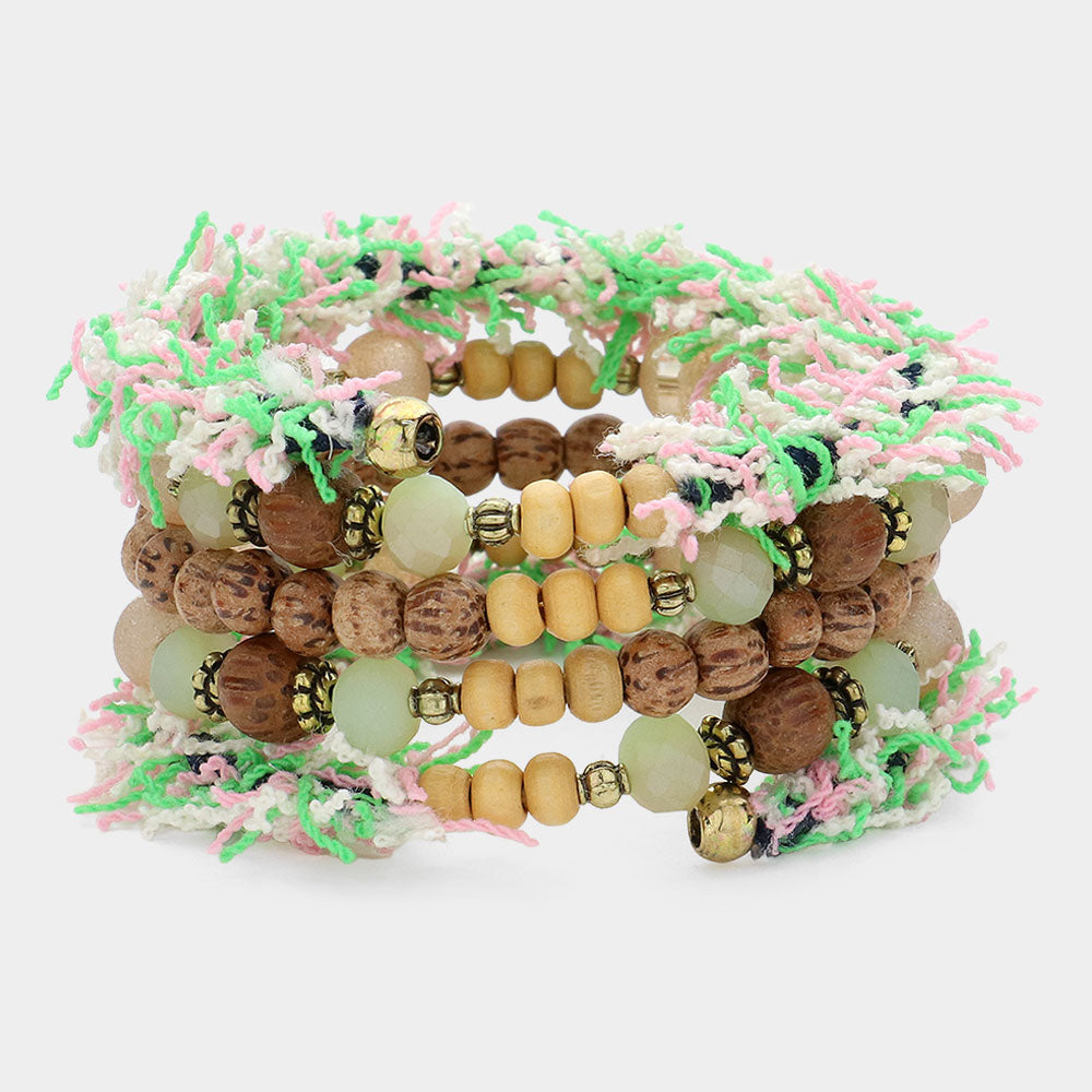 Madeline Love Gold Burnished, Mint Wooden Bead Thread Coil Bracelet - Bracelets