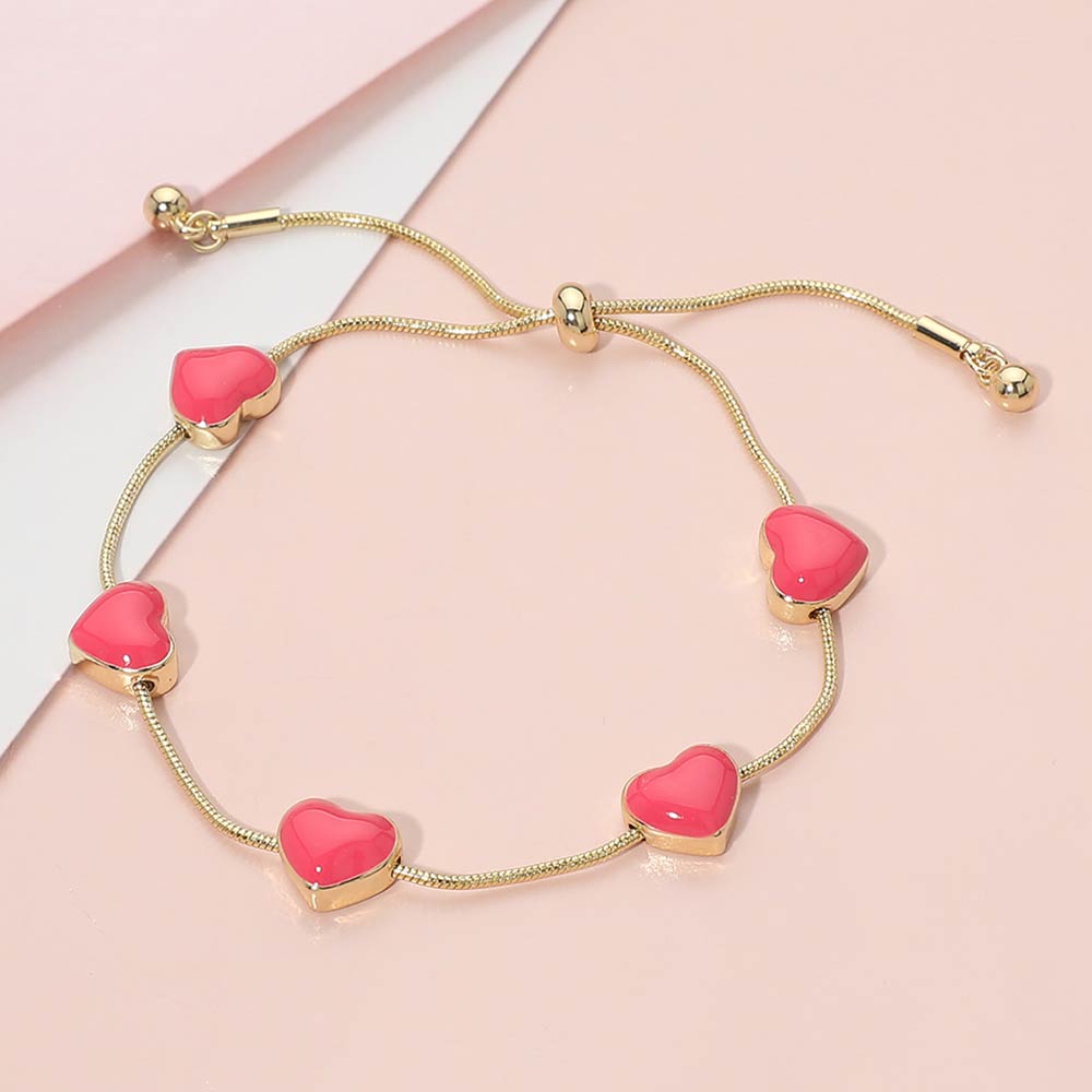 Madeline Love Fuchsia Enamel Heart Station Adjustable Cinch Pull Tie Bracelet - Bracelets