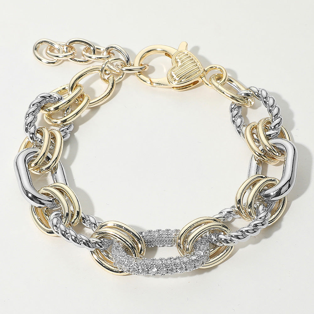 Madeline Love Two Tone 14K Gold Plated Two Tone CZ Stone Paved Oval Link Accent Mixed Chain Bracelet