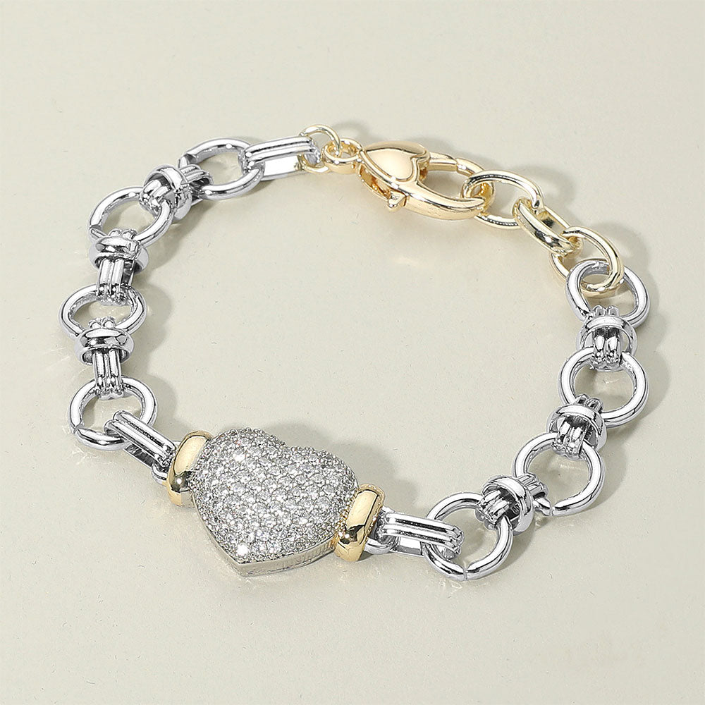 Madeline Love Two Tone 14K Gold Plated Two Tone CZ Stone Paved Heart Charm Chunky Chain Link Bracelet