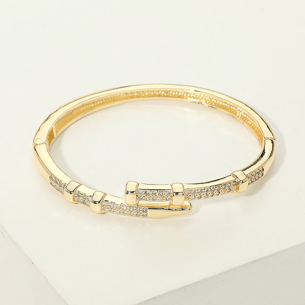 Madeline Love Gold 14K Gold Plated CZ Pave Nail Design Hinged Bangle Bracelet
