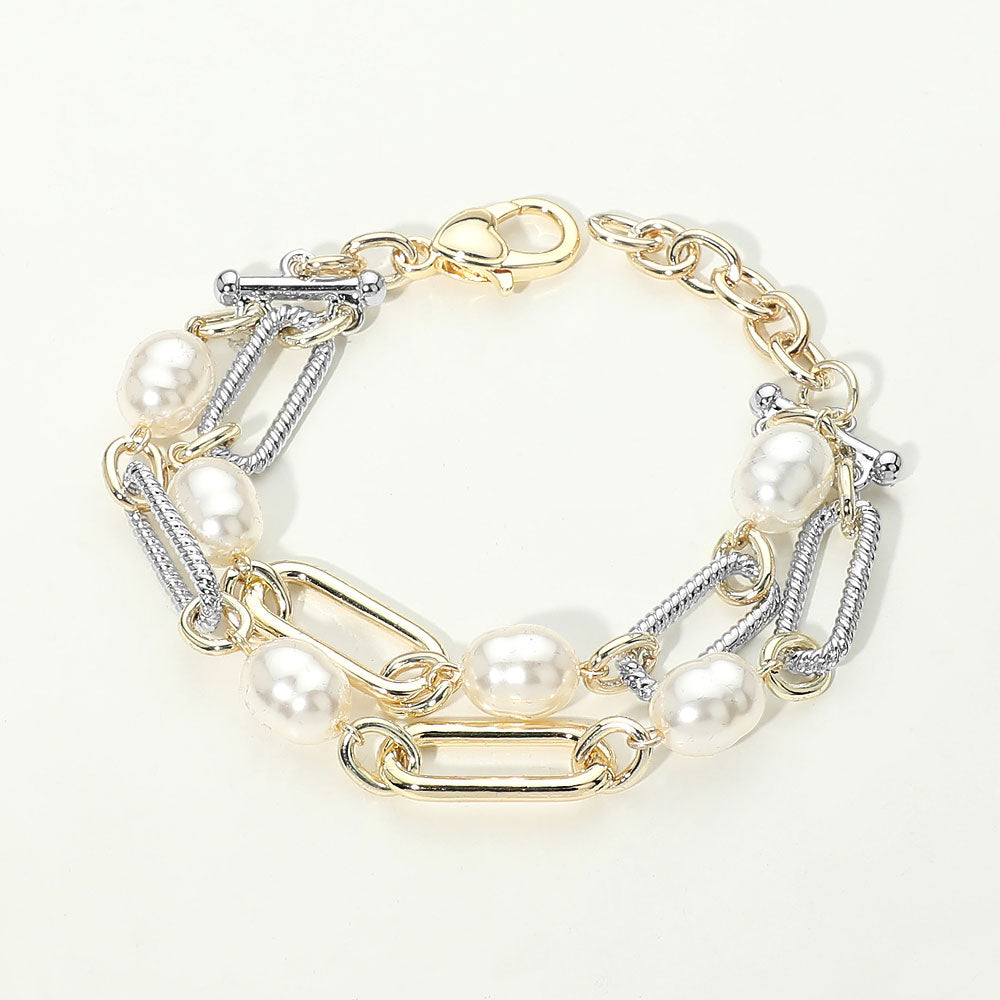 Madeline Love Two Tone 14K Gold Plated Two Tone Mixed Chain Pearl Link Layered Bracelet