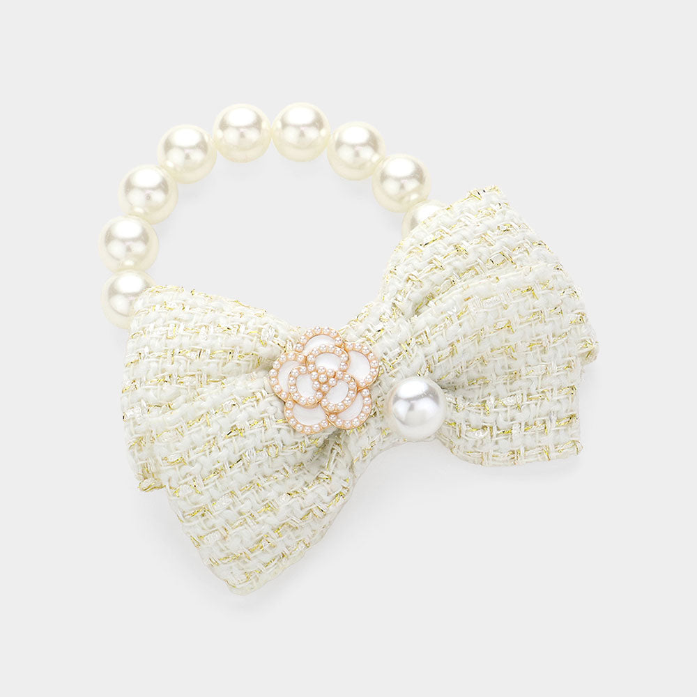 Madeline Love Gold, Ivory Enamel Flower Pearl Pointed Tweed Bow Bracelet / Hairband - Bracelets