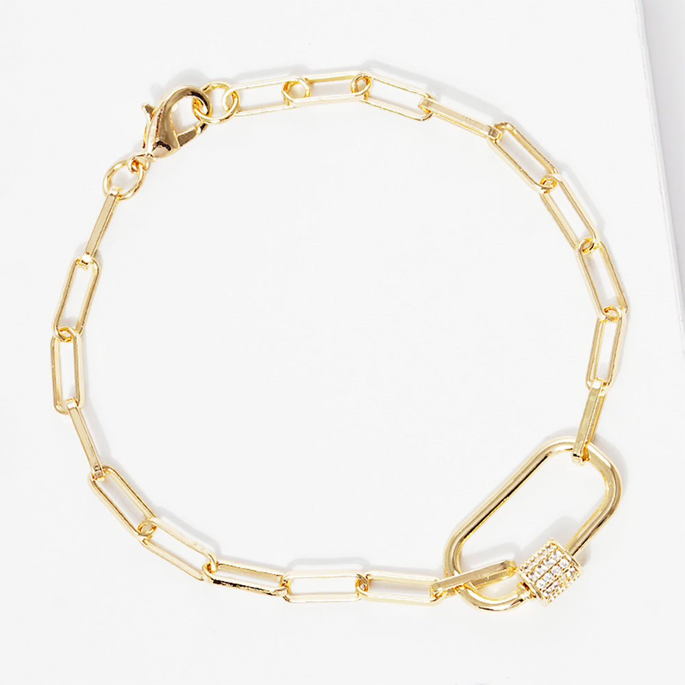 Madeline Love Clear, Gold Gold Dipped CZ Stone Paved Carabiner Pointed Paperclip Chain Bracelet