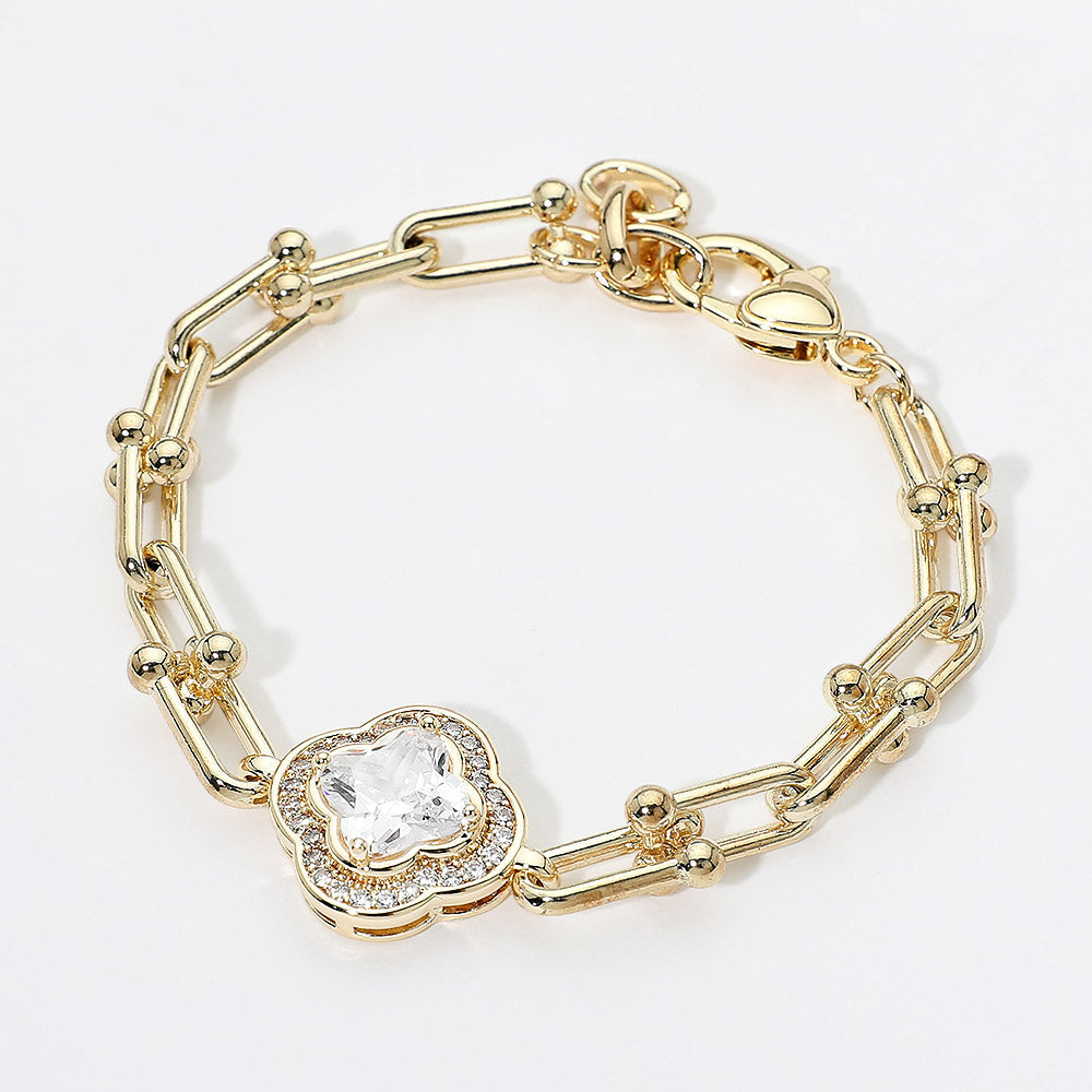 Madeline Love Gold 14K Gold Plated Quatrefoil CZ Charm Accent Industrial Link Bracelet