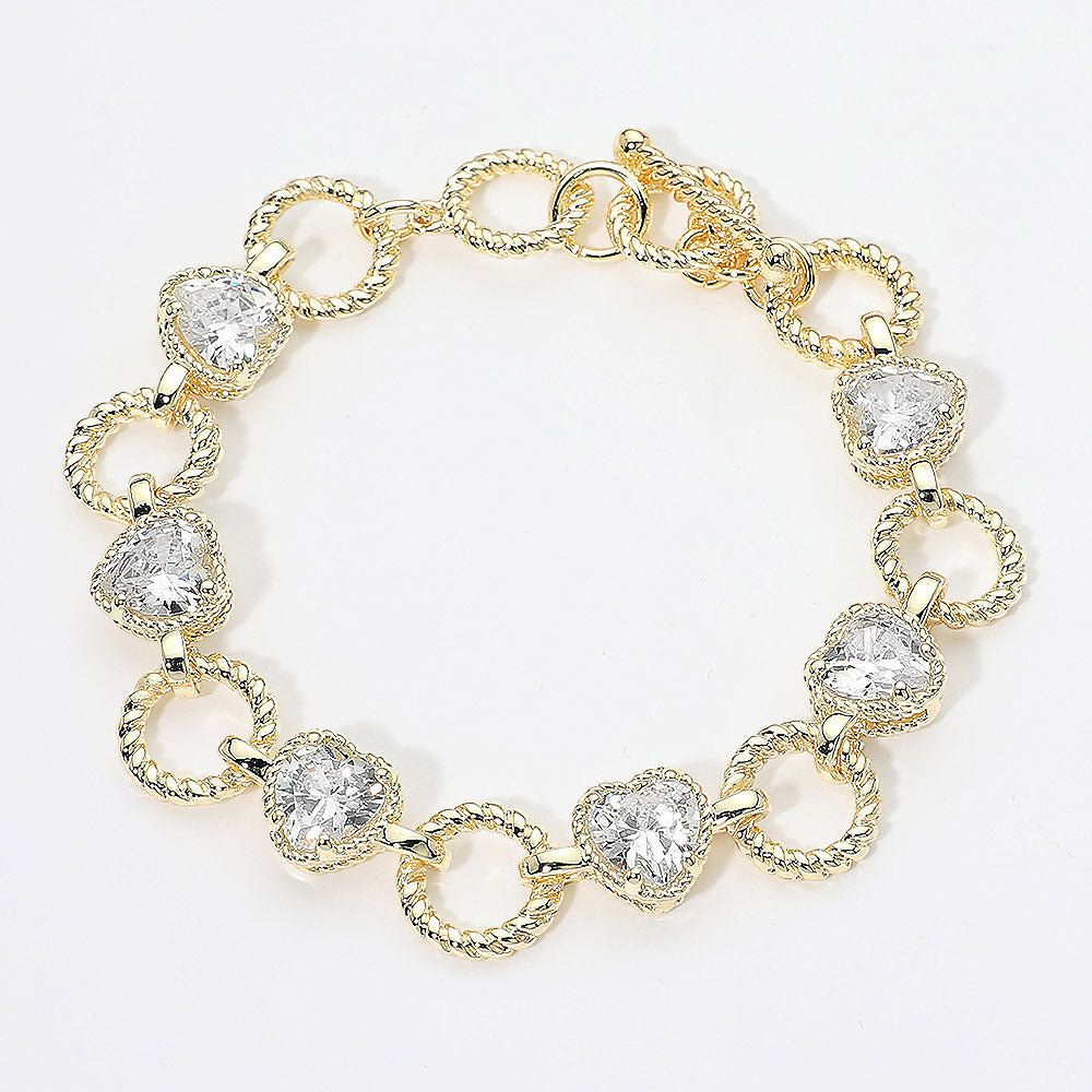 Madeline Love Gold 14K Gold Plated CZ Heart Charm Link Toggle Bracelet